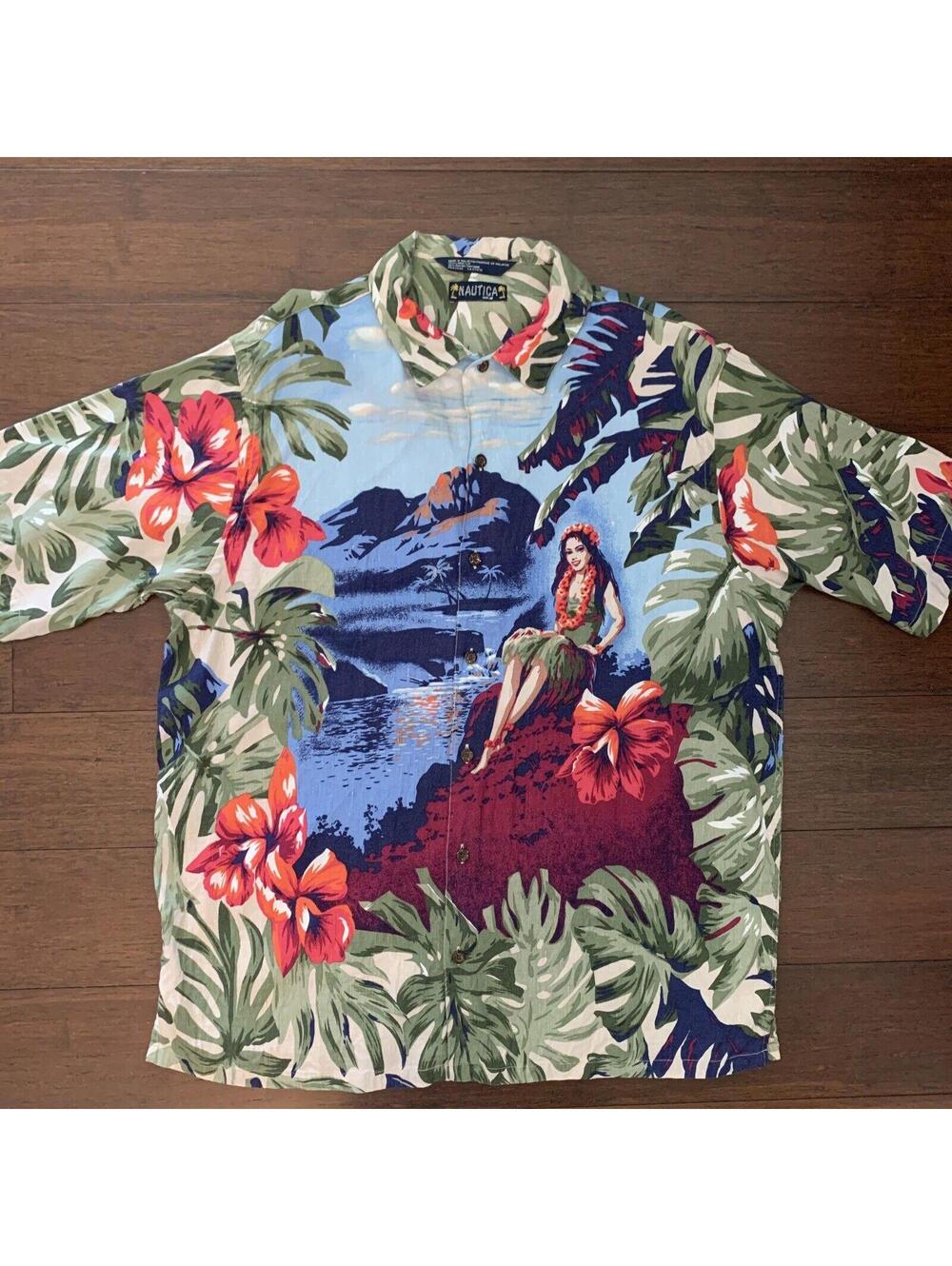 Nautica Hawaiian SS Button Up Shirt Linen Blend Multi Hula Girl Flowers Mens M L